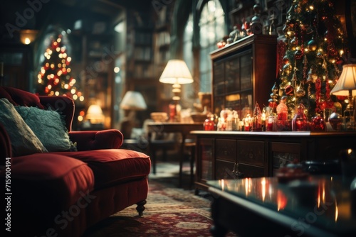  a living room with a red couch and a christmas tree in the corner of the room and a christmas tree in the corner of the room. photo