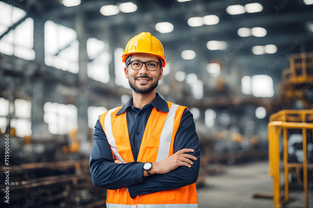 Portrait of Industry maintenance engineer man wearing uniform and safety hard hat on factory station. Industry, Engineer, construction concept Portrait of Industry maintenance engineer man wearing uniform and safety hard hat on factory station. Industry, Engineer, construction concept