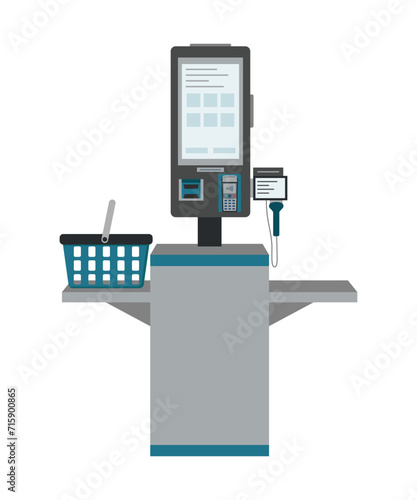 Self-service checkout in the supermarket isolated on white. Self-service terminal. Contactless payment.