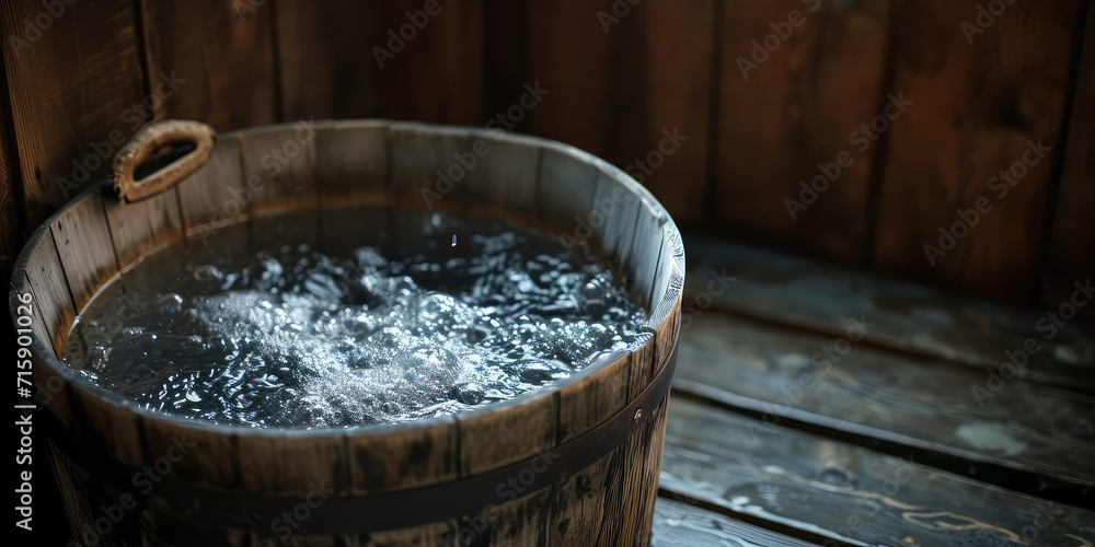 Traditional Wooden Sauna Bucket with boiling water closeup, copy space. Detail of a wooden bucket filled with water in a rustic sauna atmosphere.