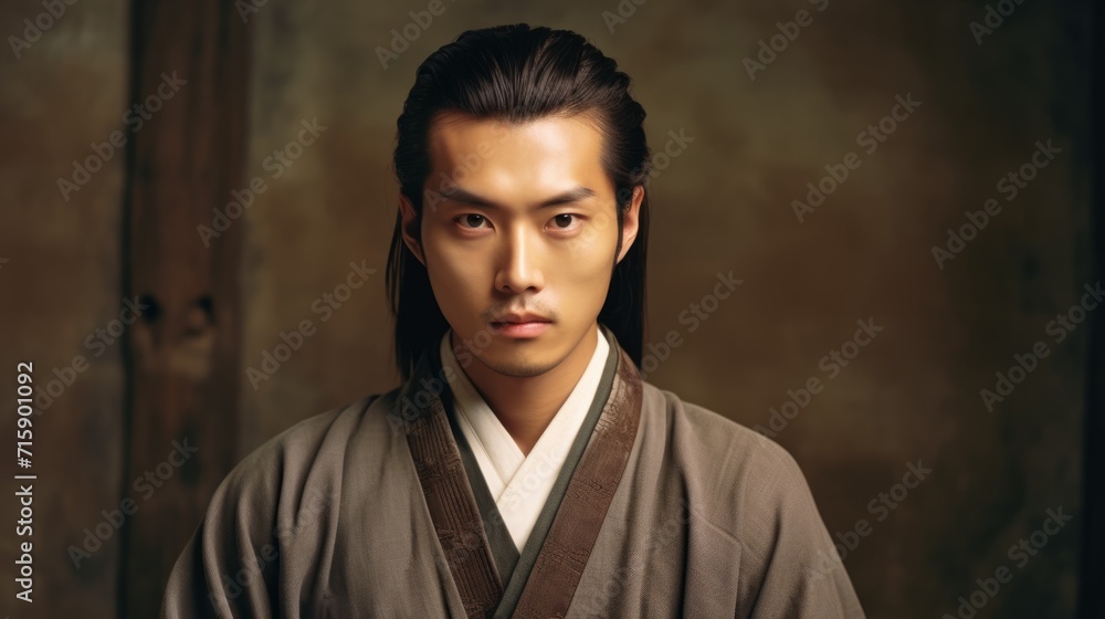 Photorealistic Adult Chinese Man with Brown Straight Hair retro Illustration. Portrait of a person in ancient aesthetics. Historic movie style Ai Generated Horizontal Illustration. Photorealistic Adult Chinese Man with Brown Straight Hair retro Illustration. Portrait of a person in ancient aesthetics. Historic movie style Ai Generated Horizontal Illustration.