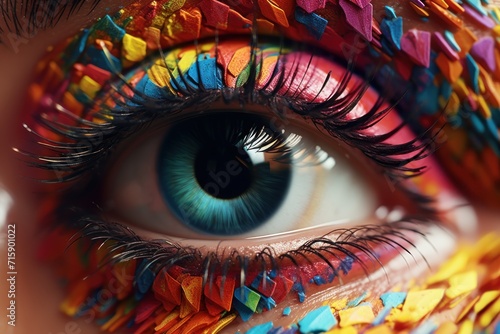  a close up of a person's eye with a multicolored pattern on the iris of the eye.