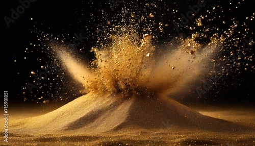 sand explosion with vibrant splashes of gold sand on black background 