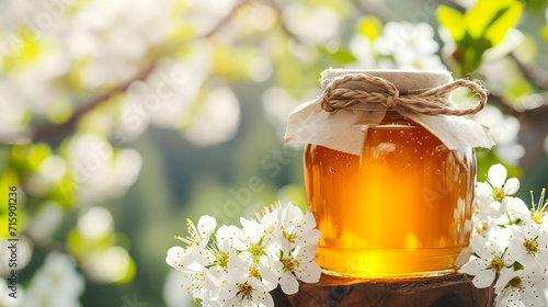 Jar of delicious sweet yellow honey in the garden with a branch with flowers
