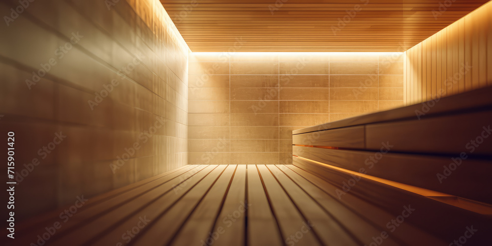 Obraz premium Warm empty Wooden Sauna Interior with steam. Detail of a sauna's wooden benches and wall, illuminated by soft light, with a shallow depth of field.