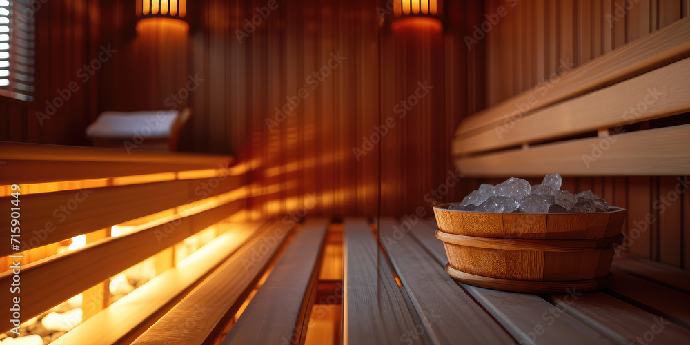 Obraz premium Warm empty Wooden Sauna Interior with wooden bucket. Detail of a sauna's wooden benches and wall, illuminated by soft light, with a shallow depth of field.