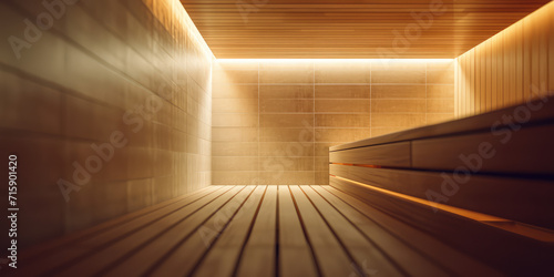 Warm empty Wooden Sauna Interior with steam. Detail of a sauna s wooden benches and wall  illuminated by soft light  with a shallow depth of field.