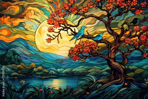  a painting of a bird sitting on a tree next to a body of water with a full moon in the background.