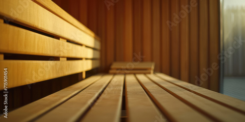 Simple Warm empty Wooden Sauna Interior. Detail of a sauna's wooden benches and wall, illuminated by soft light, with a shallow depth of field.