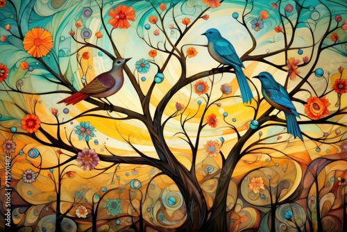 a painting of two blue birds perched on a tree branch with flowers and swirls around the branches and a sun in the background. © Shanti