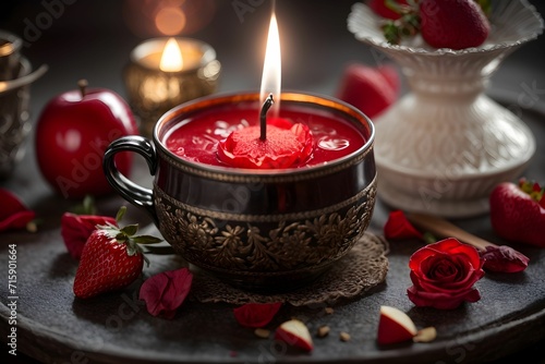 realistic image, spiritual work, red candles, apples, strawberries, honey, man's wax head, woman's wax head, rose petals, ritual, love spell, incense, cup with drink, incense smoke in the environment.