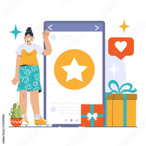 Loyalty reimagined. Cheerful woman engaging with a digital loyalty program, collecting stars and rewards. Earned perks, mobile app interaction, heartfelt appreciation. Special gifts awaiting.