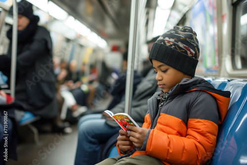 child reading a book in the subway carriage photo
