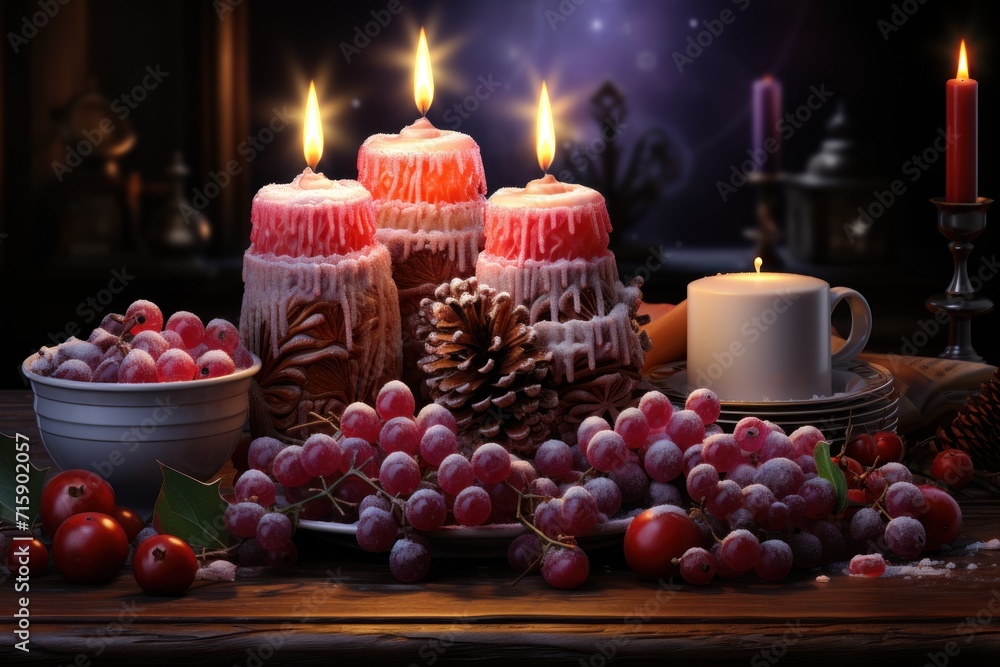 a table topped with candles next to a bowl of grapes and a bowl of fruit on top of a table. a table topped with candles next to a bowl of grapes and a bowl of fruit on top of a table.