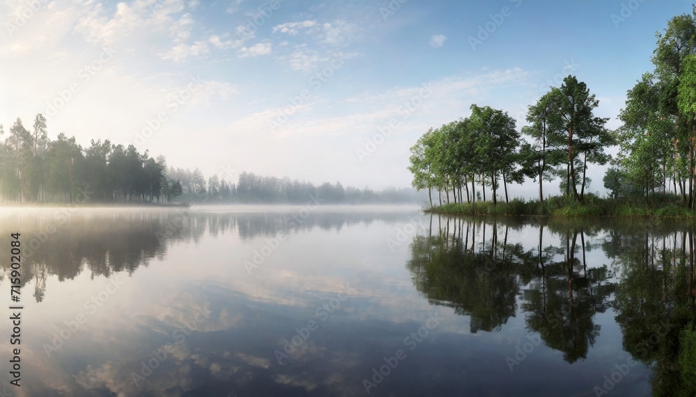 trees reflection at lake foggy morning