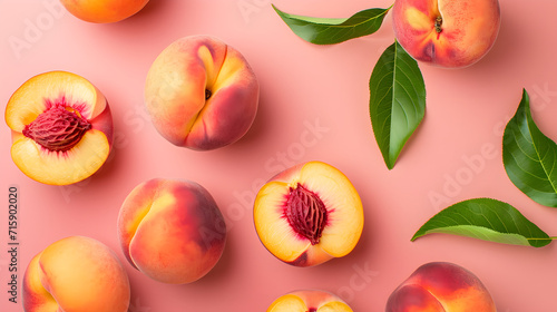Beautiful juicy peaches on a peach background top view photo
