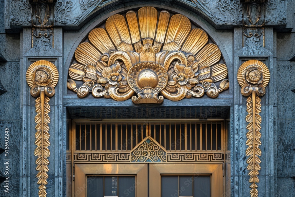 art deco building with a golden door