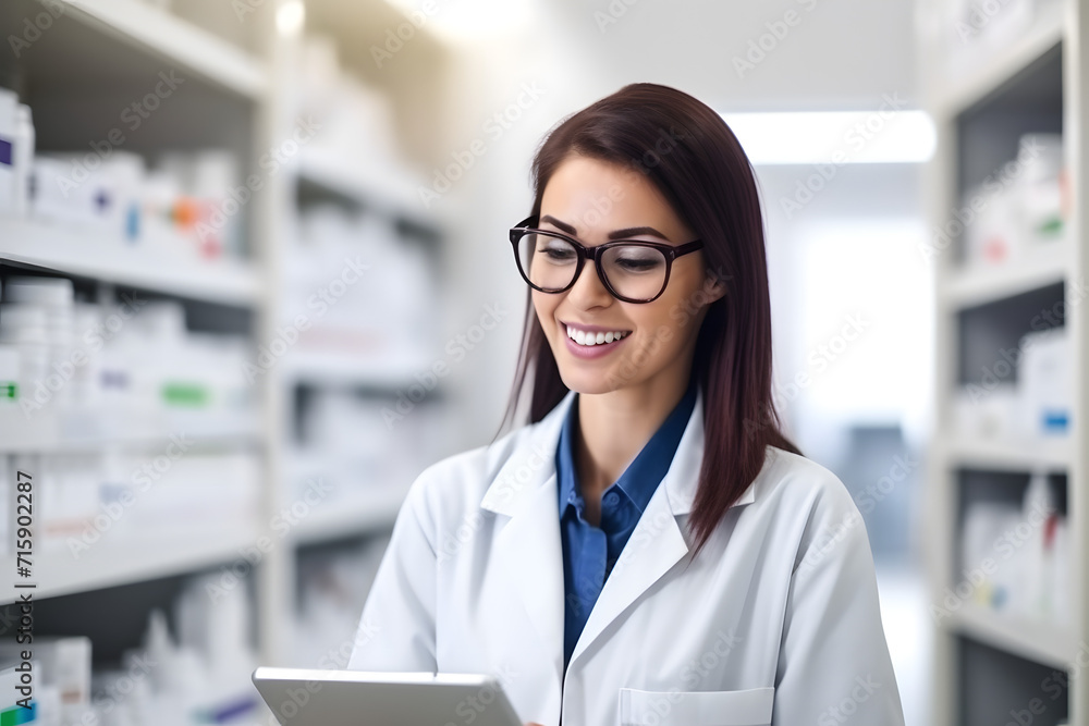 Beautiful woman pharmacist in eyeglasses using digital tablet at pharmacy. Beautiful woman pharmacist in eyeglasses using digital tablet at pharmacy.