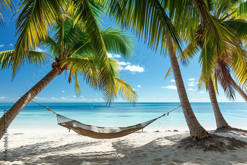 Idyllic exotic travel destination beach with hammock palm trees white sand