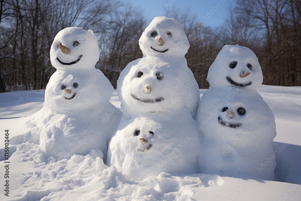 a group of snowmen standing next to each other on top of a snow covered field with trees in the background. a group of snowmen standing next to each other on top of a snow covered field with trees in the background.