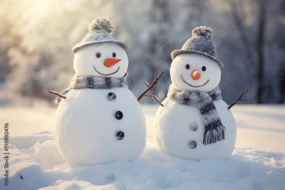 a couple of snowmen standing next to each other on top of a snow covered field with trees in the background. a couple of snowmen standing next to each other on top of a snow covered field with trees in the background.