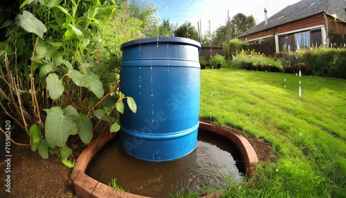 rain water rainwater harvesting collecting in the garden into a plastic barrel ecological system for plants watering