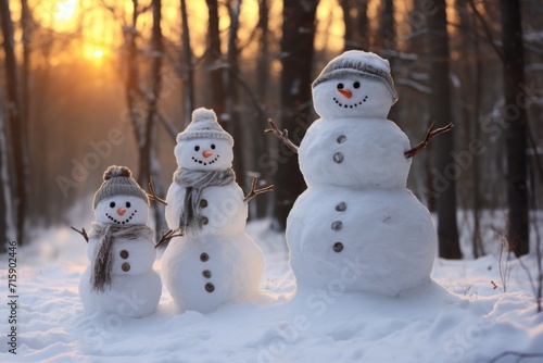  a group of three snowmen standing next to each other on a snow covered ground with trees in the background. © Shanti