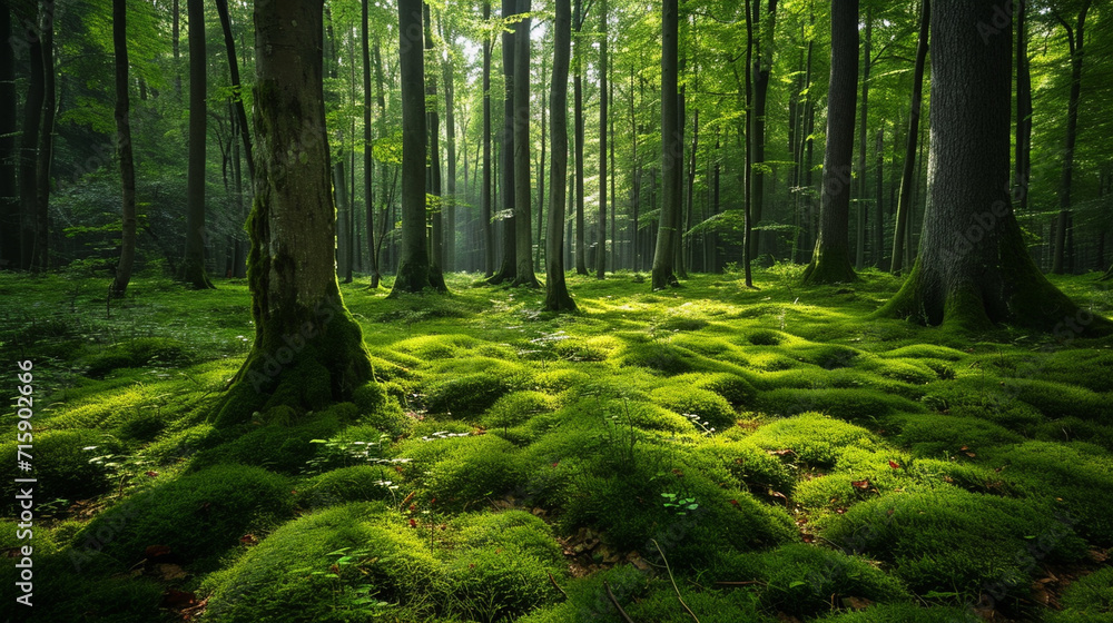 Obraz premium A magical woodland scene where vibrant green moss blankets the forest floor, creating a lush carpet under the towering trees. The play of light filtering through the leaves adds a