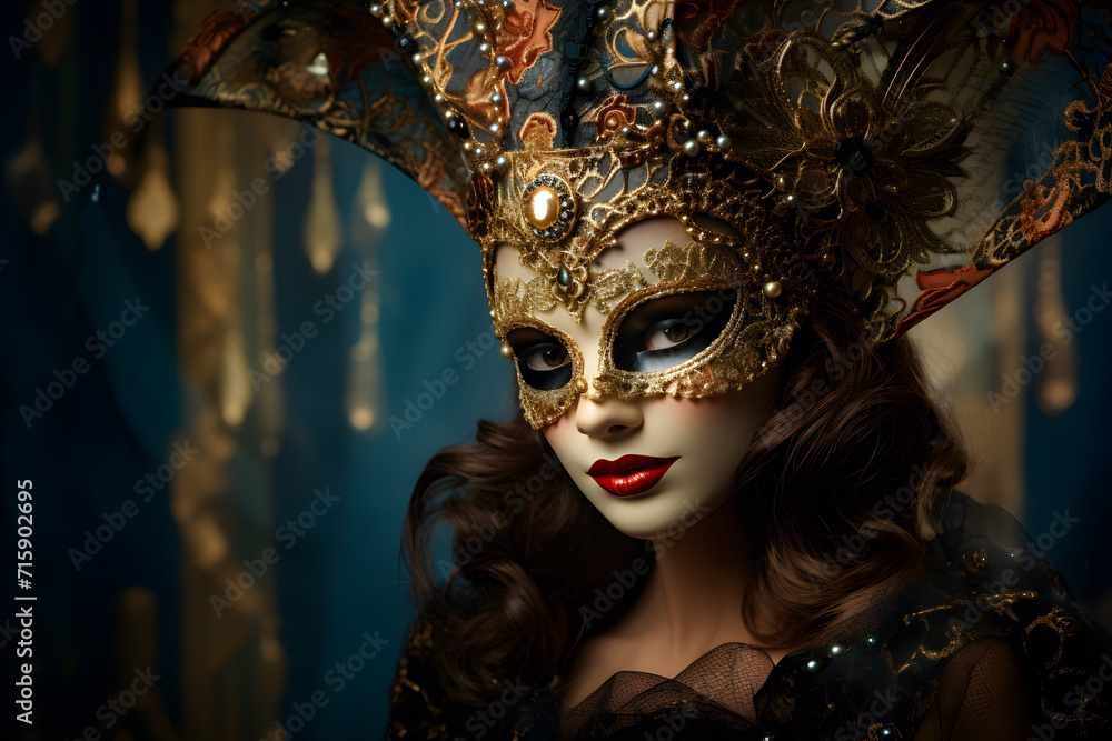 Young beautiful woman in beautiful venecian mask. Dark background. Beautiful venetian mask. Venice. Carnival.