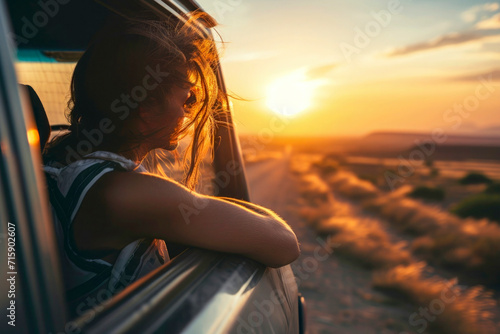 Happy woman traveling opens window to breathe fresh air of nature, Female enjoy travel in outdoor lifestyle activity on road trip vacation © Eva Corbella