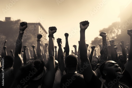  a crowd of people raising their hands in the air at a music festival in a black and white photo with a building in the background.