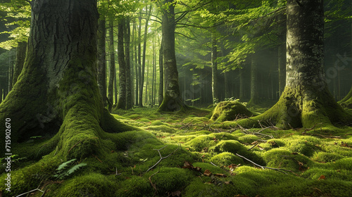 A magical woodland scene where vibrant green moss blankets the forest floor  creating a lush carpet under the towering trees. The play of light filtering through the leaves adds a