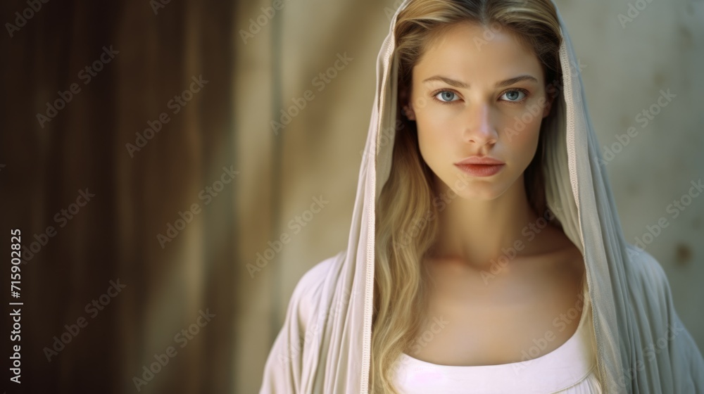 Naklejka premium Photorealistic Adult White Woman with Blond Straight Hair retro Illustration. Portrait of a person in ancient aesthetics. Historic movie style Ai Generated Horizontal Illustration.