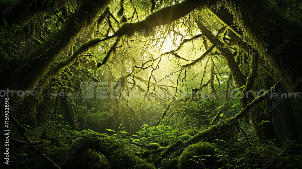 A fairytale-like forest scene with moss-covered branches creating a canopy overhead. The filtered sunlight adds a dreamy quality, turning the mossy branches into a captivating natu