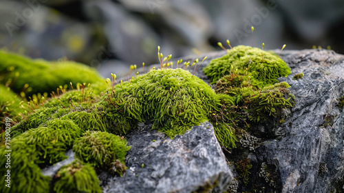 An artistic macro shot capturing the intricate textures of moss clinging to a weathered rock. The close-up reveals the velvety details and vibrant shades of green, turning a simple