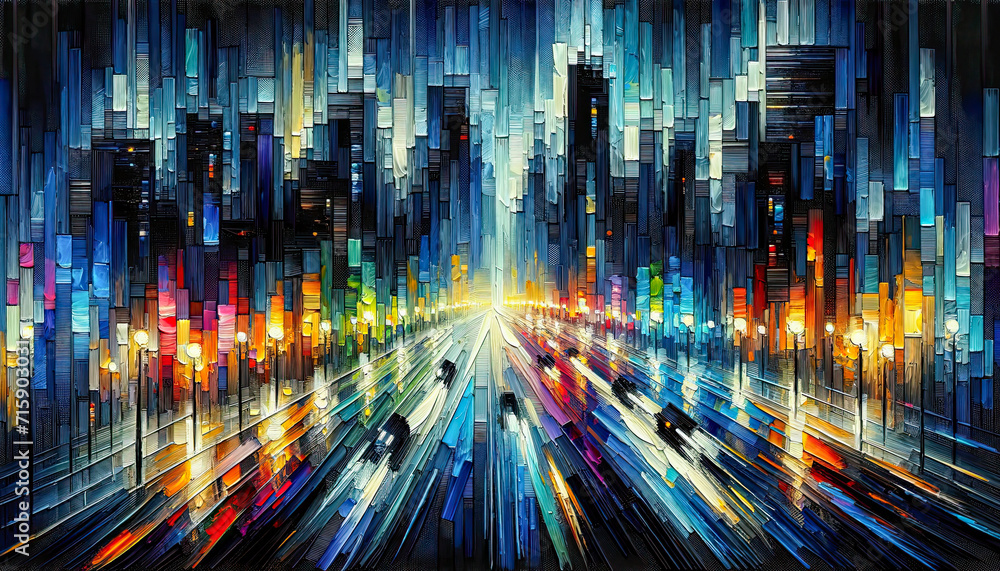 Artwork showcasing an abstract, impasto-style cityscape at night.