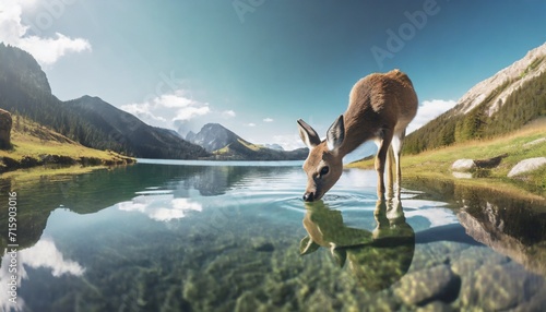 young deer drinks water in a mountain lake photo