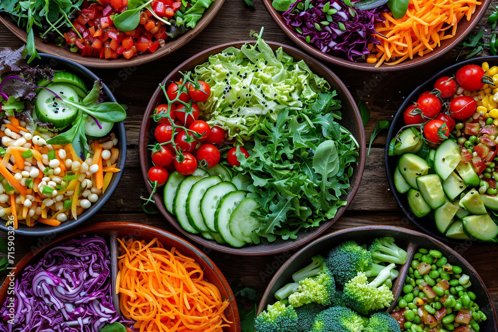 Top down shot of different healthy salads