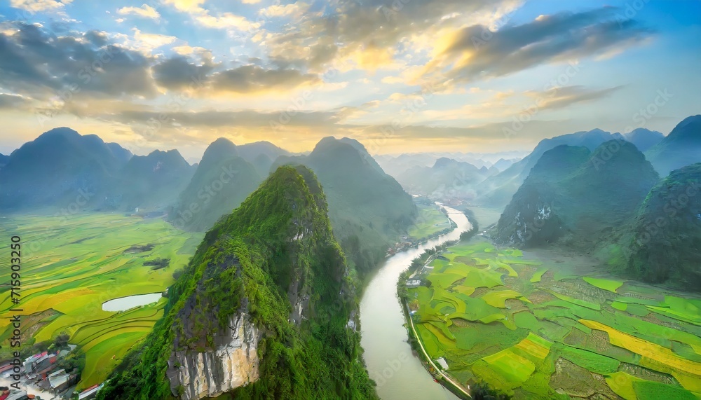 aerial view of dawn on mountain at ngoc con ward trung khanh town cao bang province vietnam with river nature green rice fields near ban gioc waterfall - obrazy, fototapety, plakaty 