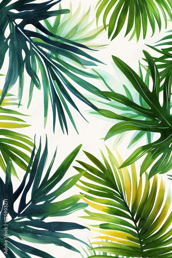 Tropical pattern with green palm leaves in watercolor style.