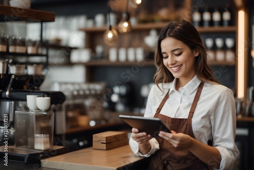 Happy woman, tablet and portrait of barista at cafe for order, inventory or checking stock in management. Female person, waitress or employee on technology small business at coffee shop restaurant 