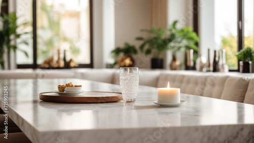 Empty white table with countertop in the living room of a luxury house, table with chairs with beautiful morning sunlight in the background. 3D render for product display mockup

