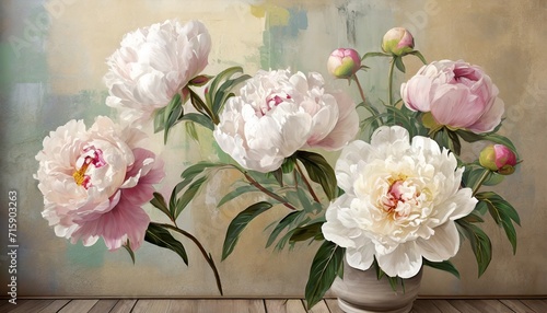 drawn art peonies on a textured background with imitation of paint and stains wall murals in a room or home interior © William
