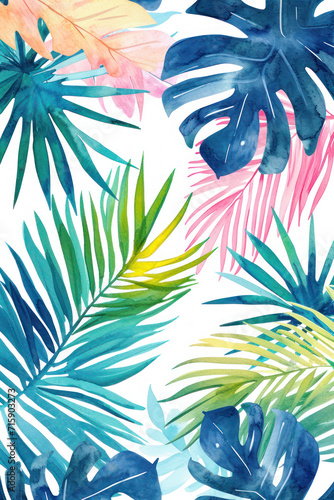 Tropical pattern with colorful palm leaves in watercolor style.