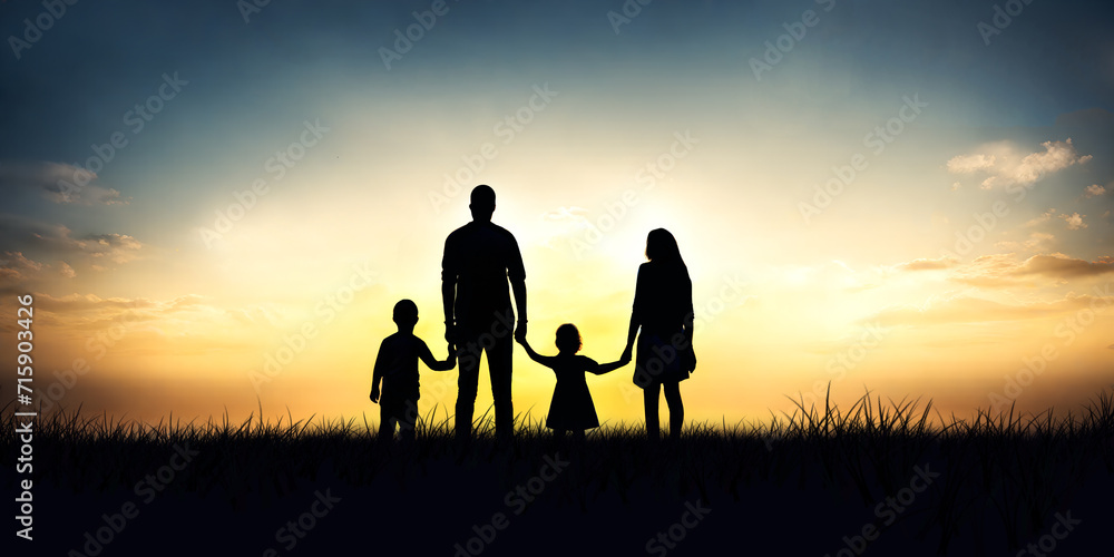 Silhouette family of a teenage couple with a vacation and the light of the morning sunrise in a vast meadow in winter. illustration, bonding, love, travel, happiness, travel, camping