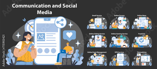 Communication and Social Media night or dark mode set. Diverse internet services and digital interaction. Engaging in online communities, sharing information. Flat vector illustration.
