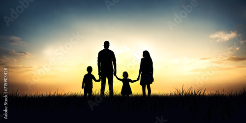 Silhouette family of a teenage couple with a vacation and the light of the morning sunrise in a vast meadow in winter. illustration, bonding, love, travel, happiness, travel, camping