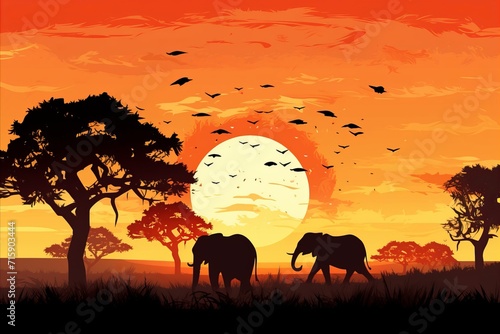 Idyllic african savannah at sunset. majestic diversity of wildlife thriving in their natural habitat