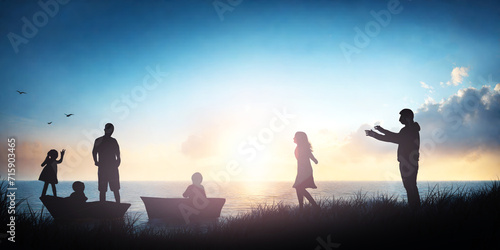Silhouette family with vacation activities by the lake and beautiful evening sunset light. illustration, bonding, love, travel, happiness, travel, camping