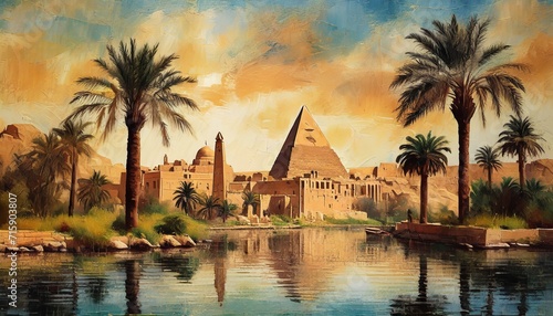 Illustrated fantasy egypt on the nile river photo